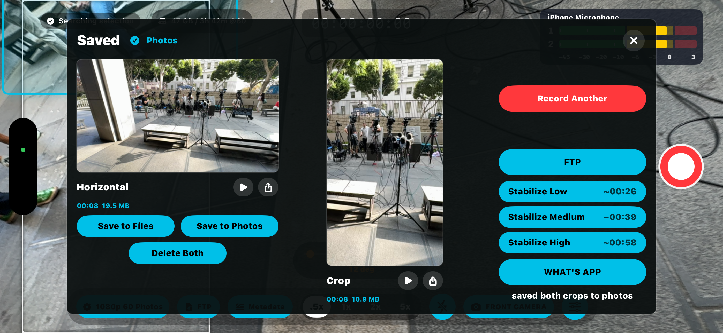 DualCrop app interface showing subject follow tools and recording controls